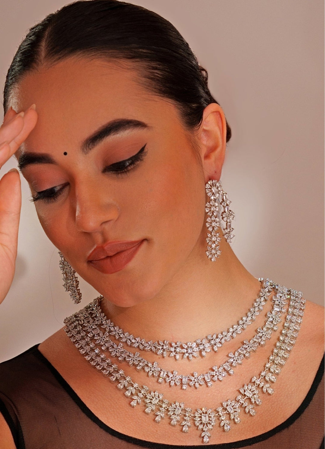 White Finish Diamond 3 Layer Long Necklace Set Zevar by Geeta - Fabilicious Fashion
