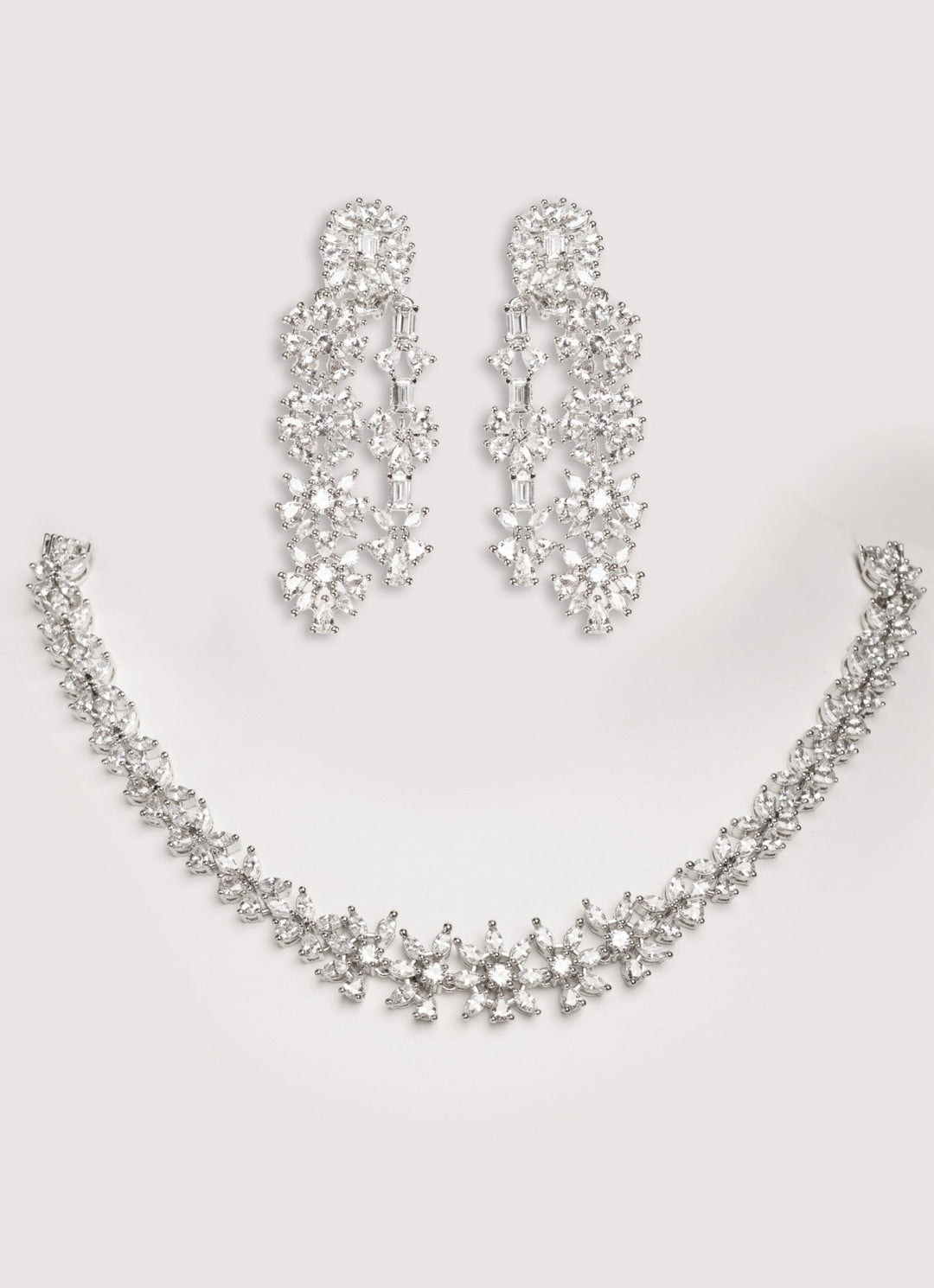 White Finish Diamond 3 Layer Long Necklace Set Zevar by Geeta - Fabilicious Fashion