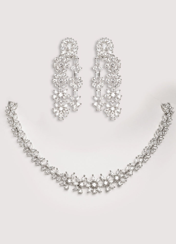 White Finish Diamond 3 Layer Long Necklace Set Zevar by Geeta - Fabilicious Fashion