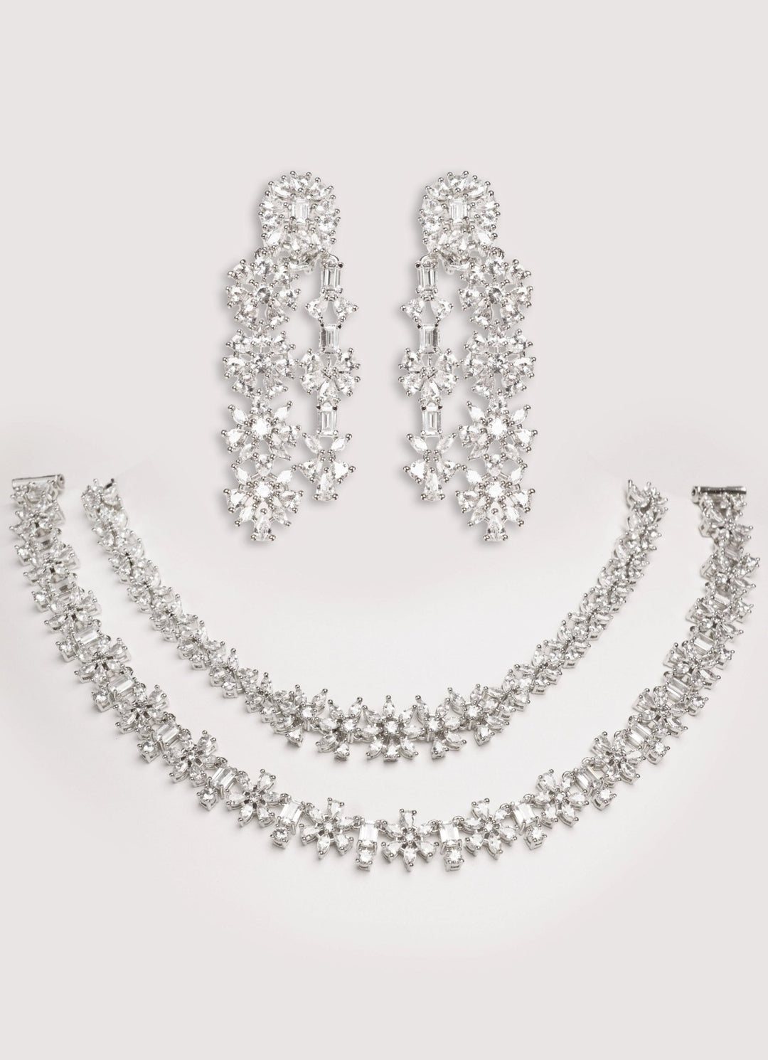 White Finish Diamond 3 Layer Long Necklace Set Zevar by Geeta - Fabilicious Fashion
