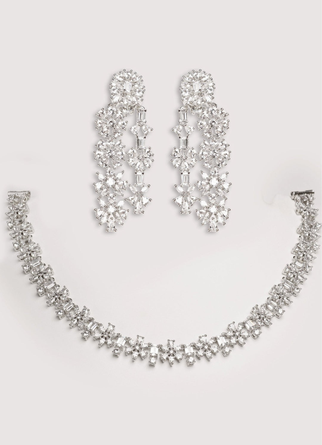 White Finish Diamond 3 Layer Long Necklace Set Zevar by Geeta - Fabilicious Fashion