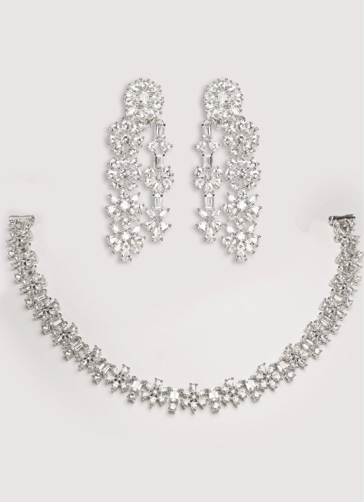 White Finish Diamond 3 Layer Long Necklace Set Zevar by Geeta - Fabilicious Fashion