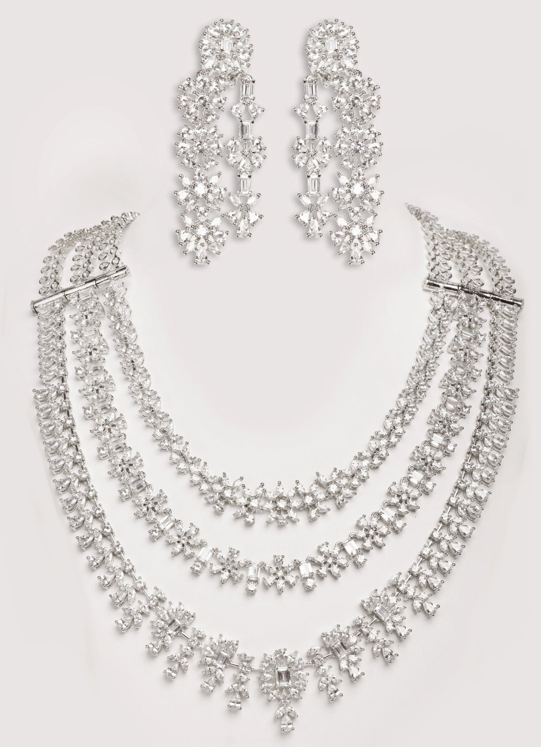 White Finish Diamond 3 Layer Long Necklace Set Zevar by Geeta - Fabilicious Fashion