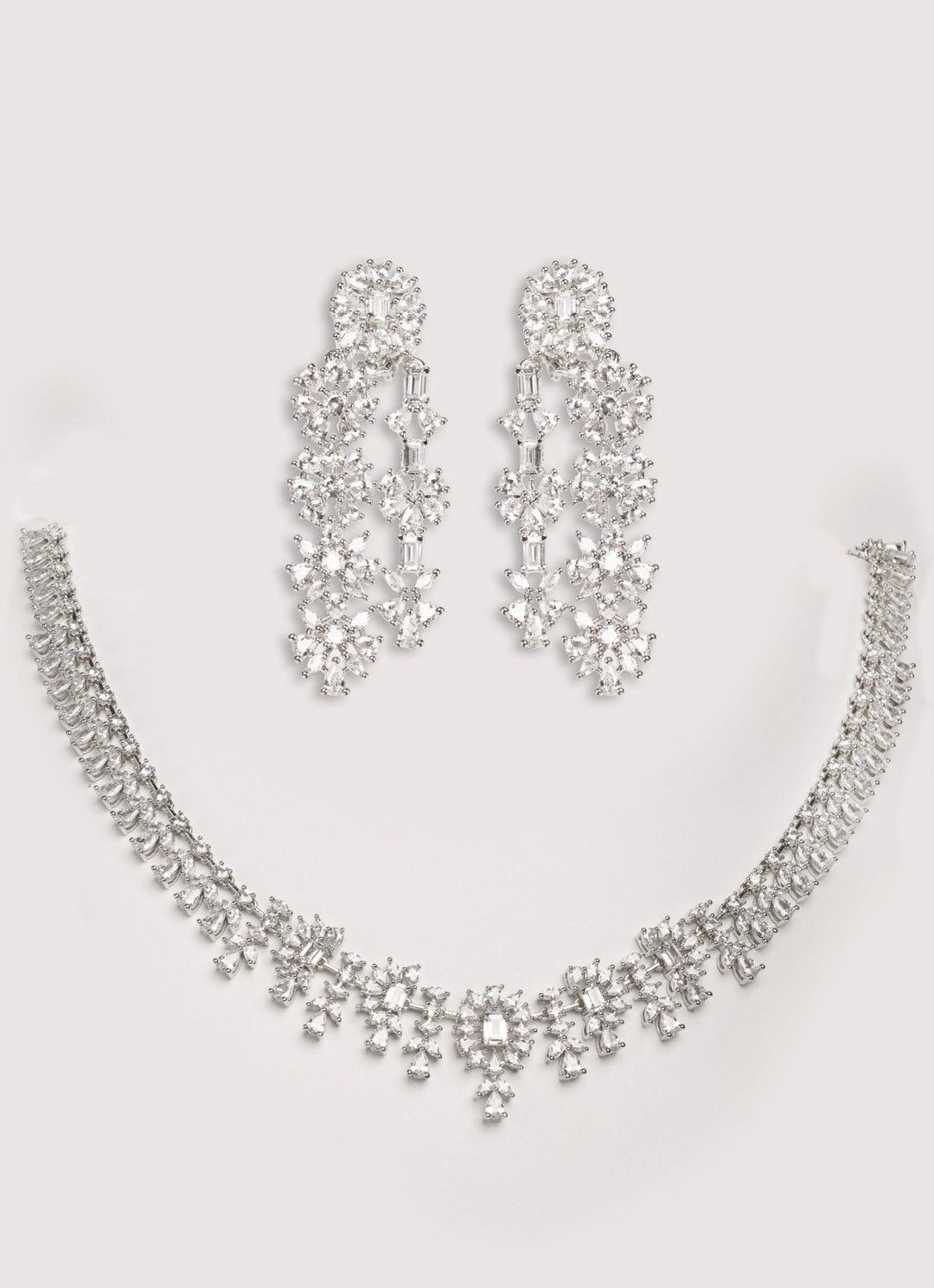 White Finish Diamond 3 Layer Long Necklace Set Zevar by Geeta - Fabilicious Fashion