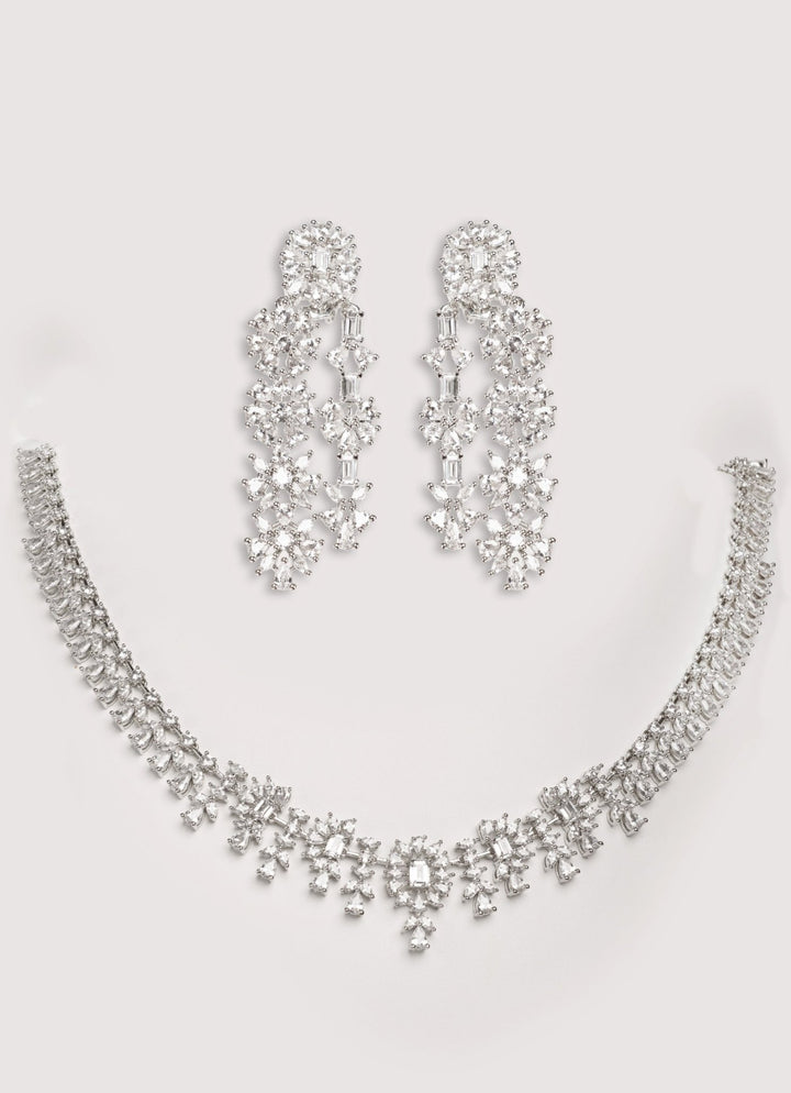 White Finish Diamond 3 Layer Long Necklace Set Zevar by Geeta - Fabilicious Fashion