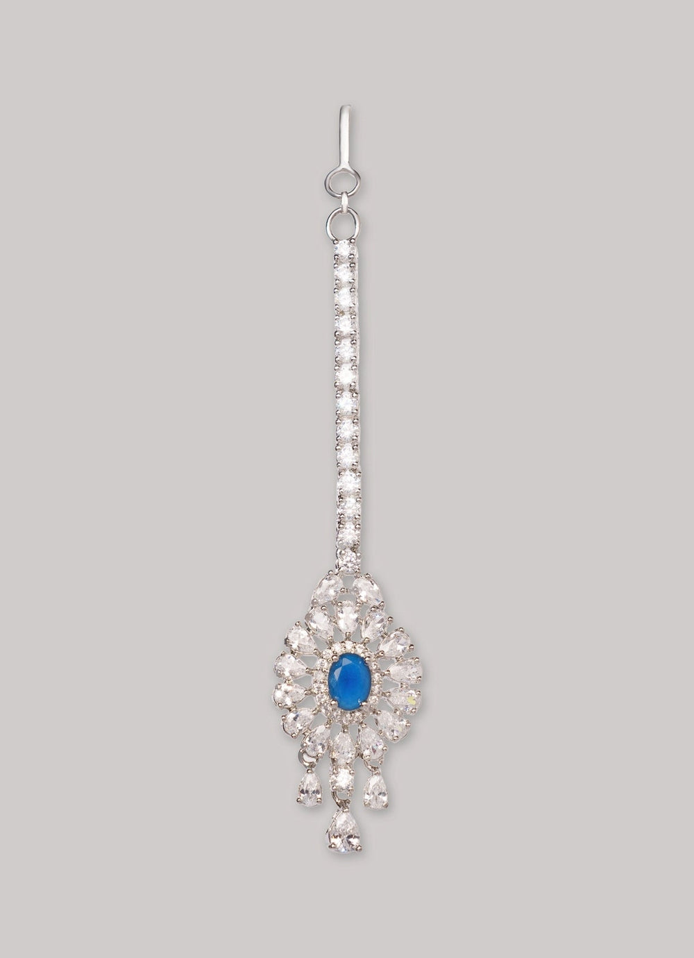 White Finish Diamond And Blue Sapphire Maang Tikka Zevar by Geeta - Fabilicious Fashion