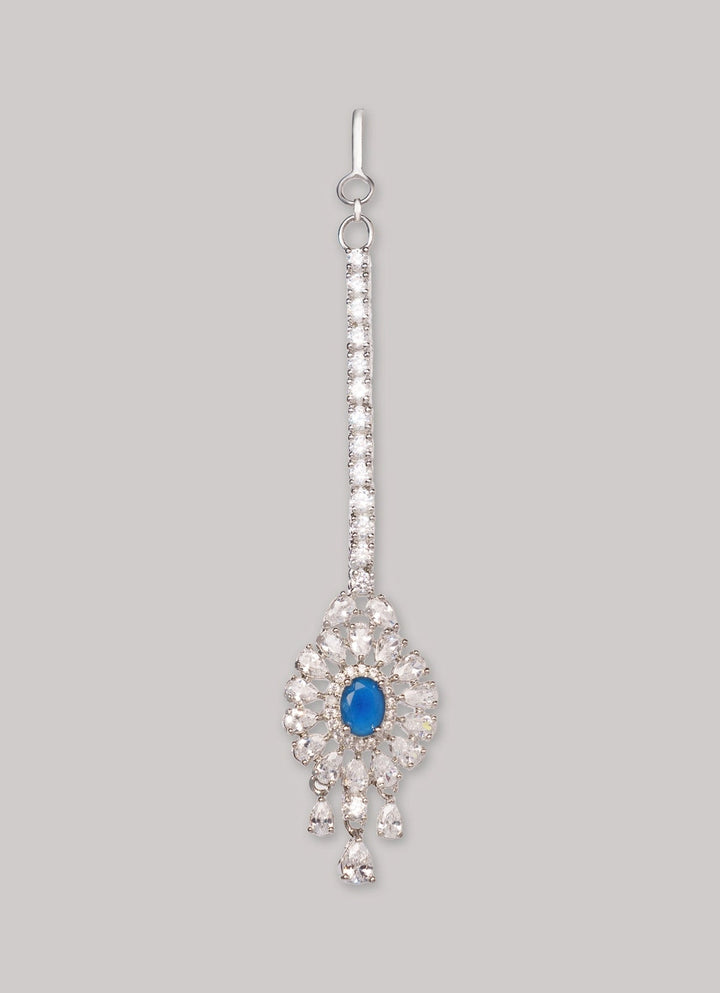 White Finish Diamond And Blue Sapphire Maang Tikka Zevar by Geeta - Fabilicious Fashion