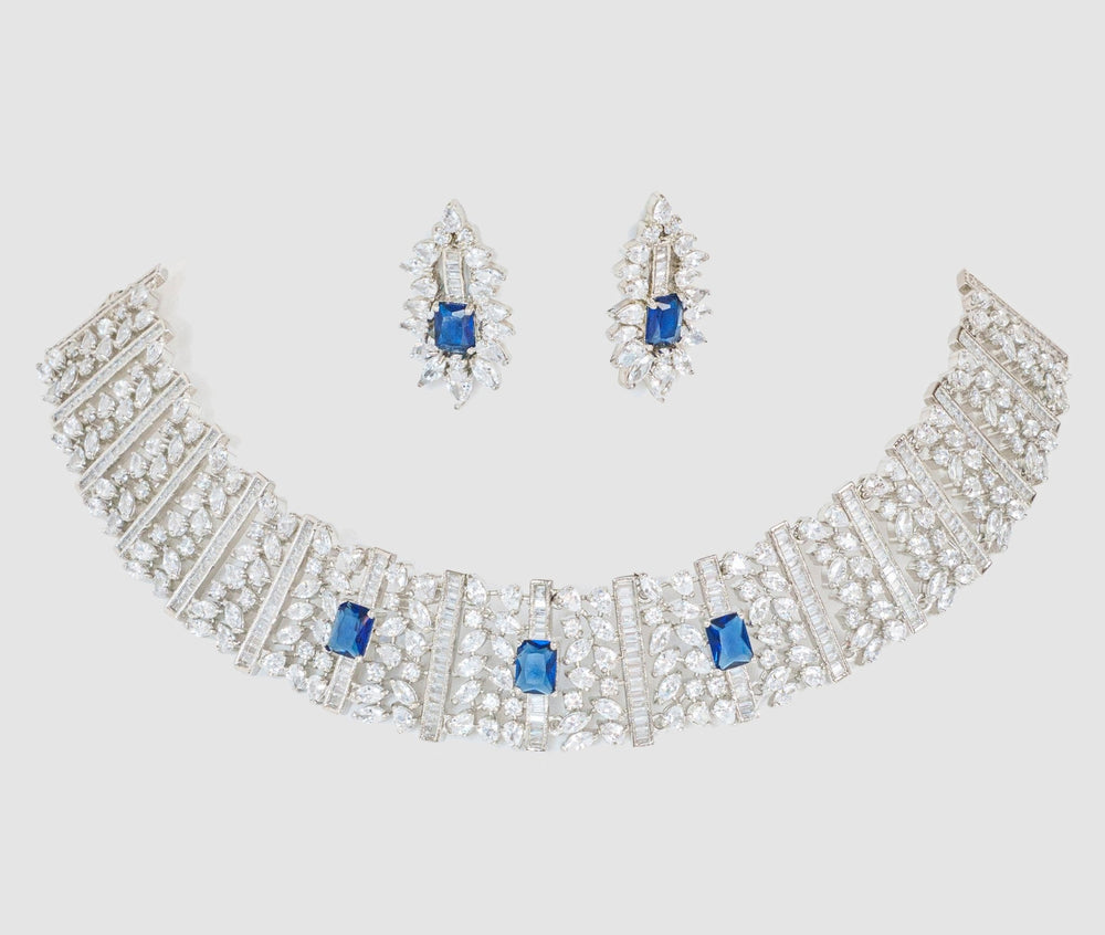 White Finish Diamond And Blue Stone Choker Set Zevar By Geeta - Fabilicious Fashion