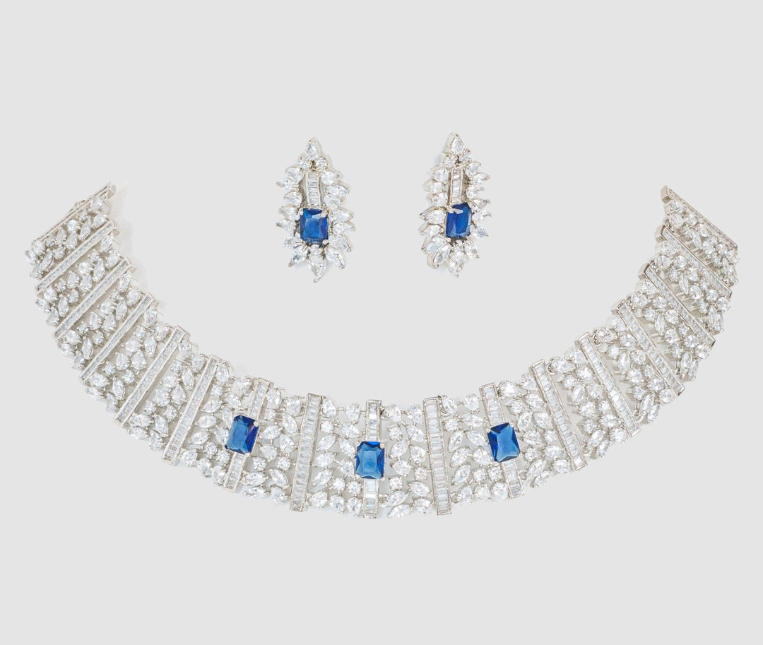 White Finish Diamond And Blue Stone Choker Set Zevar By Geeta - Fabilicious Fashion