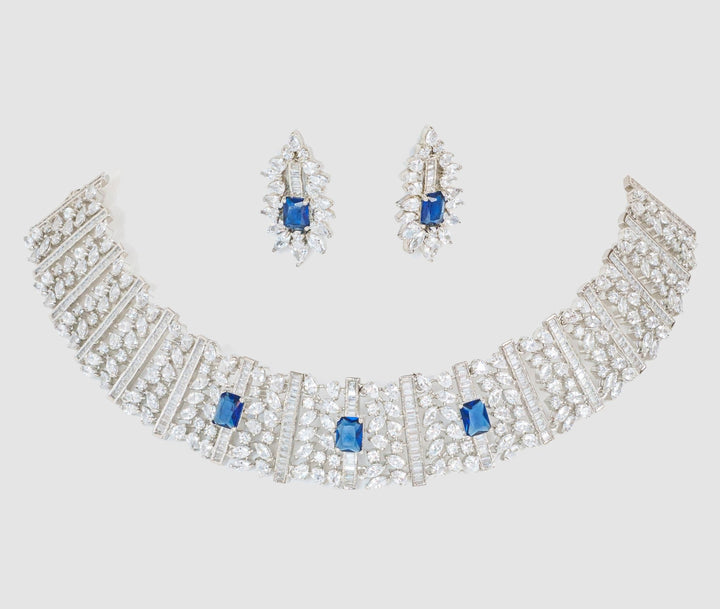 White Finish Diamond And Blue Stone Choker Set Zevar By Geeta - Fabilicious Fashion