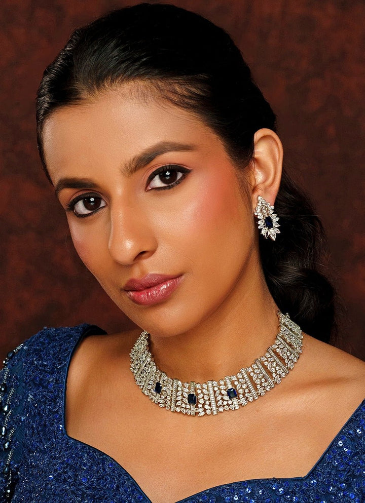 White Finish Diamond And Blue Stone Choker Set Zevar By Geeta - Fabilicious Fashion