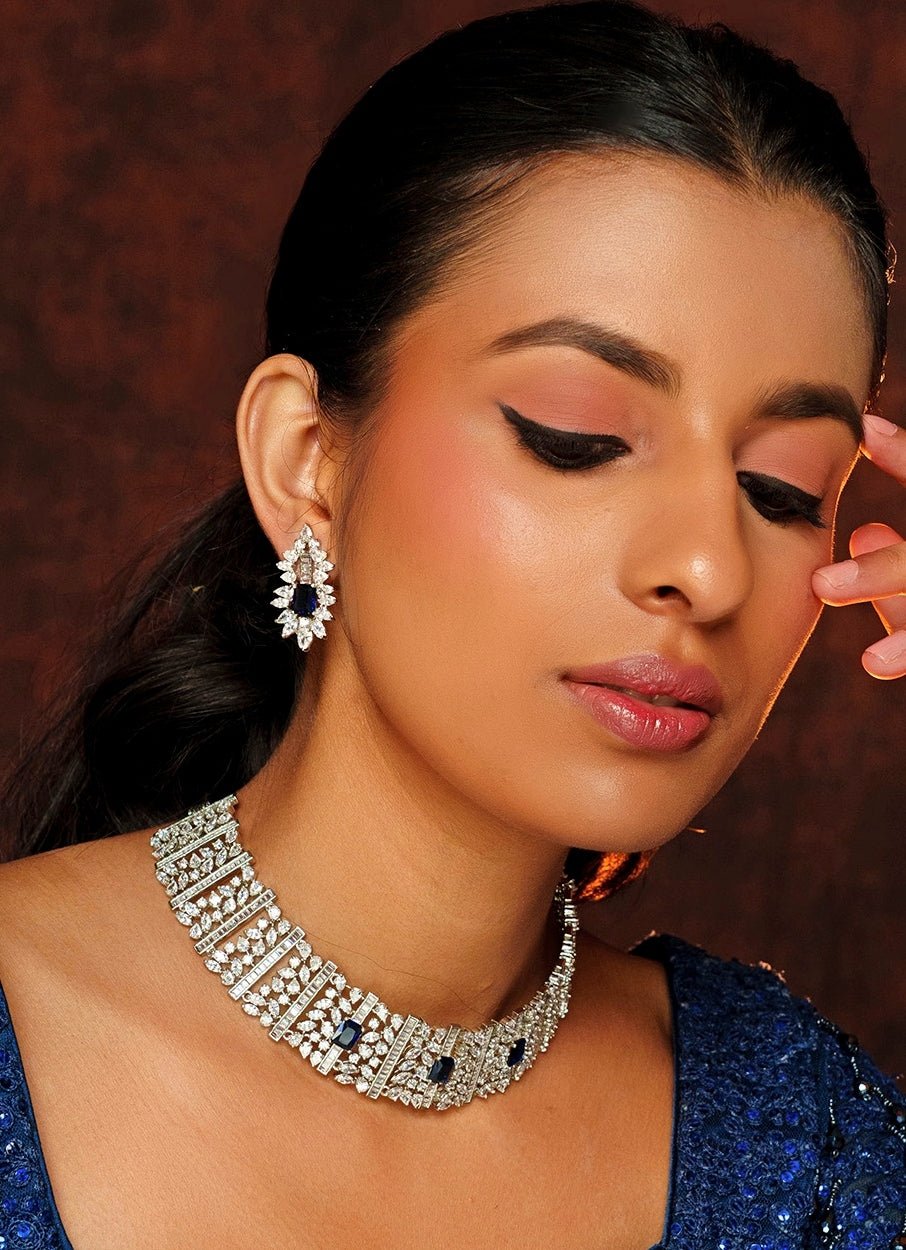 White Finish Diamond And Blue Stone Choker Set Zevar By Geeta - Fabilicious Fashion