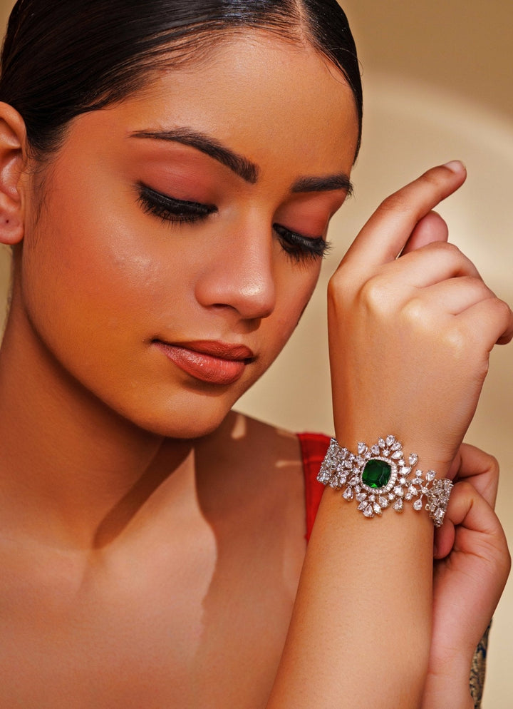 White Finish Diamond And Emerald Green Bracelet Zevar by Geeta - Fabilicious Fashion