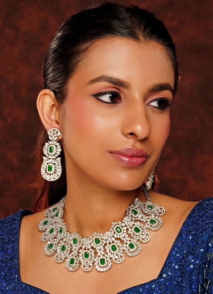 White Finish Diamond And Emerald Stone Necklace Set Zevar By Geeta - Fabilicious Fashion