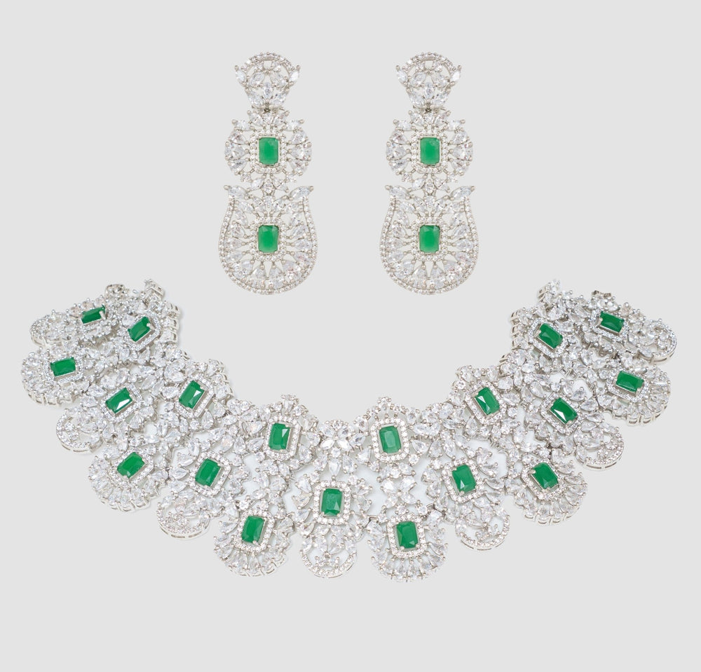 White Finish Diamond And Emerald Stone Necklace Set Zevar By Geeta - Fabilicious Fashion