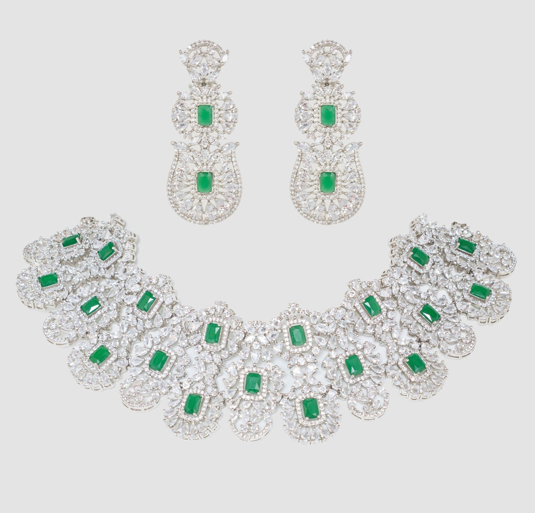 White Finish Diamond And Emerald Stone Necklace Set Zevar By Geeta - Fabilicious Fashion