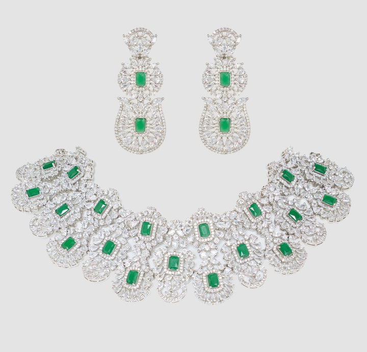 White Finish Diamond And Emerald Stone Necklace Set Zevar By Geeta - Fabilicious Fashion
