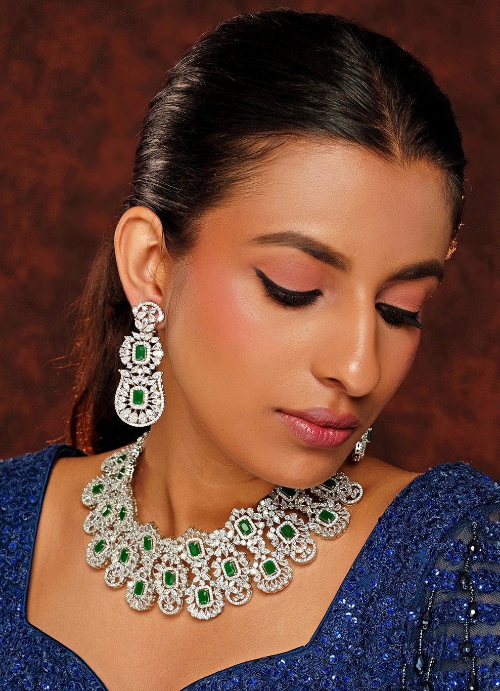 White Finish Diamond And Emerald Stone Necklace Set Zevar By Geeta - Fabilicious Fashion