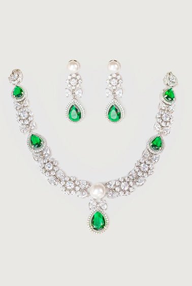 White Finish Diamond And Emerald Stone Necklace Set Zevar By Geeta - Fabilicious Fashion