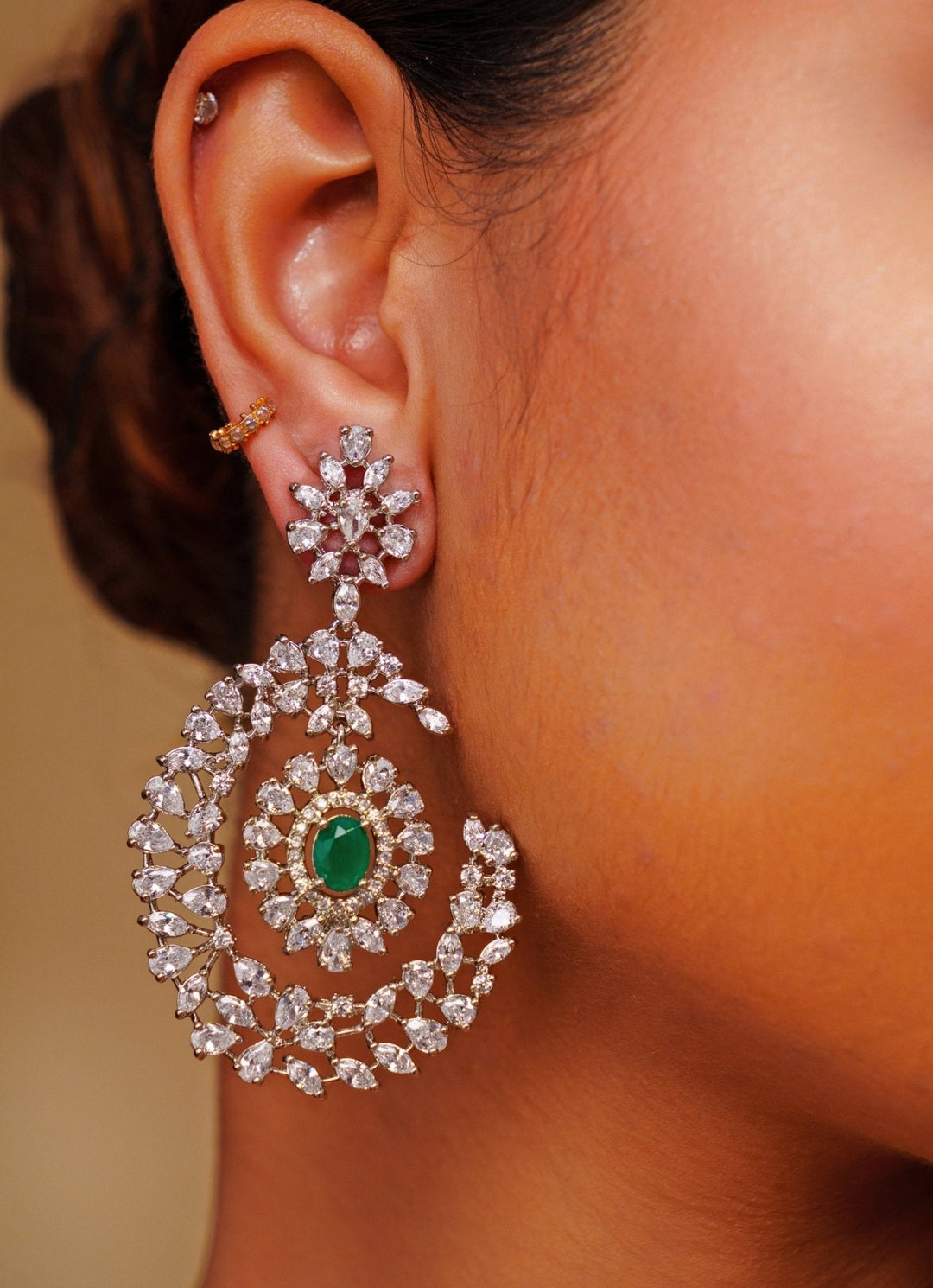 White Finish Diamond And Green Emerald Dangler Earrings Zevar by Geeta - Fabilicious Fashion