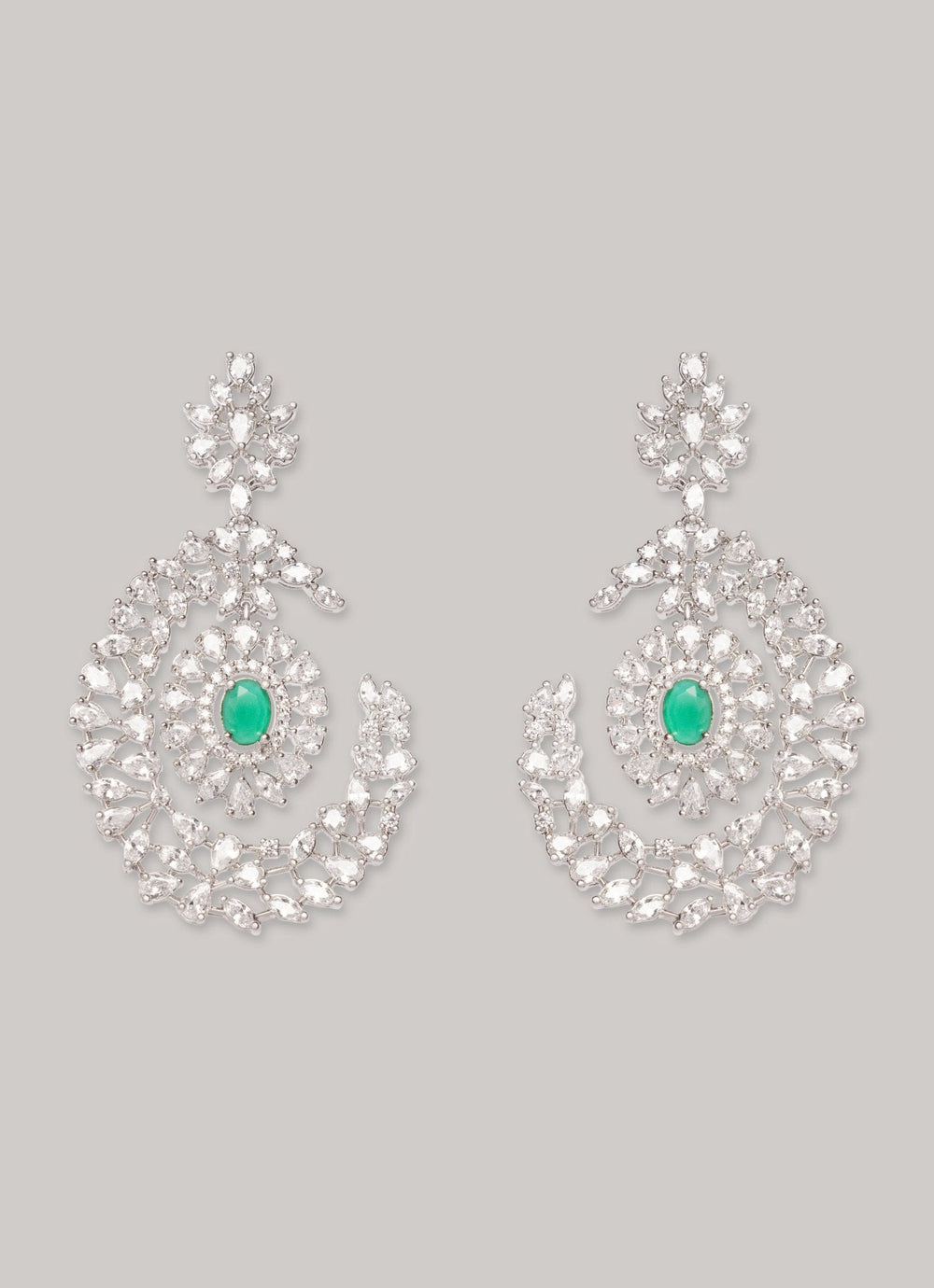 White Finish Diamond And Green Emerald Dangler Earrings Zevar by Geeta - Fabilicious Fashion