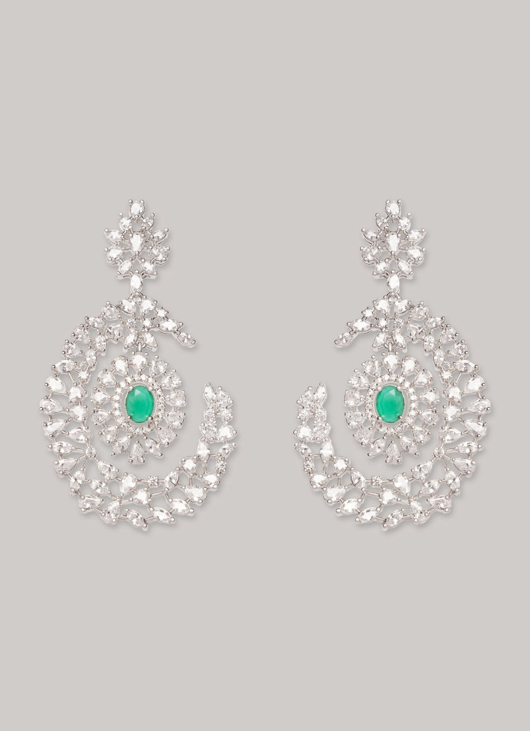 White Finish Diamond And Green Emerald Dangler Earrings Zevar by Geeta - Fabilicious Fashion