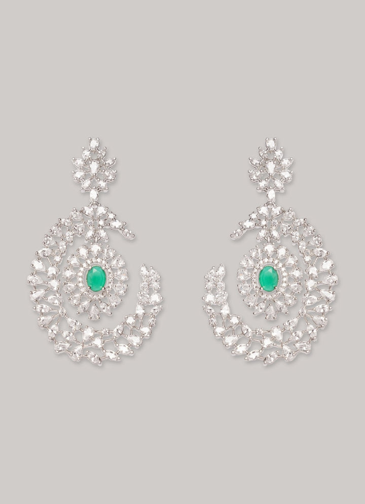 White Finish Diamond And Green Emerald Dangler Earrings Zevar by Geeta - Fabilicious Fashion