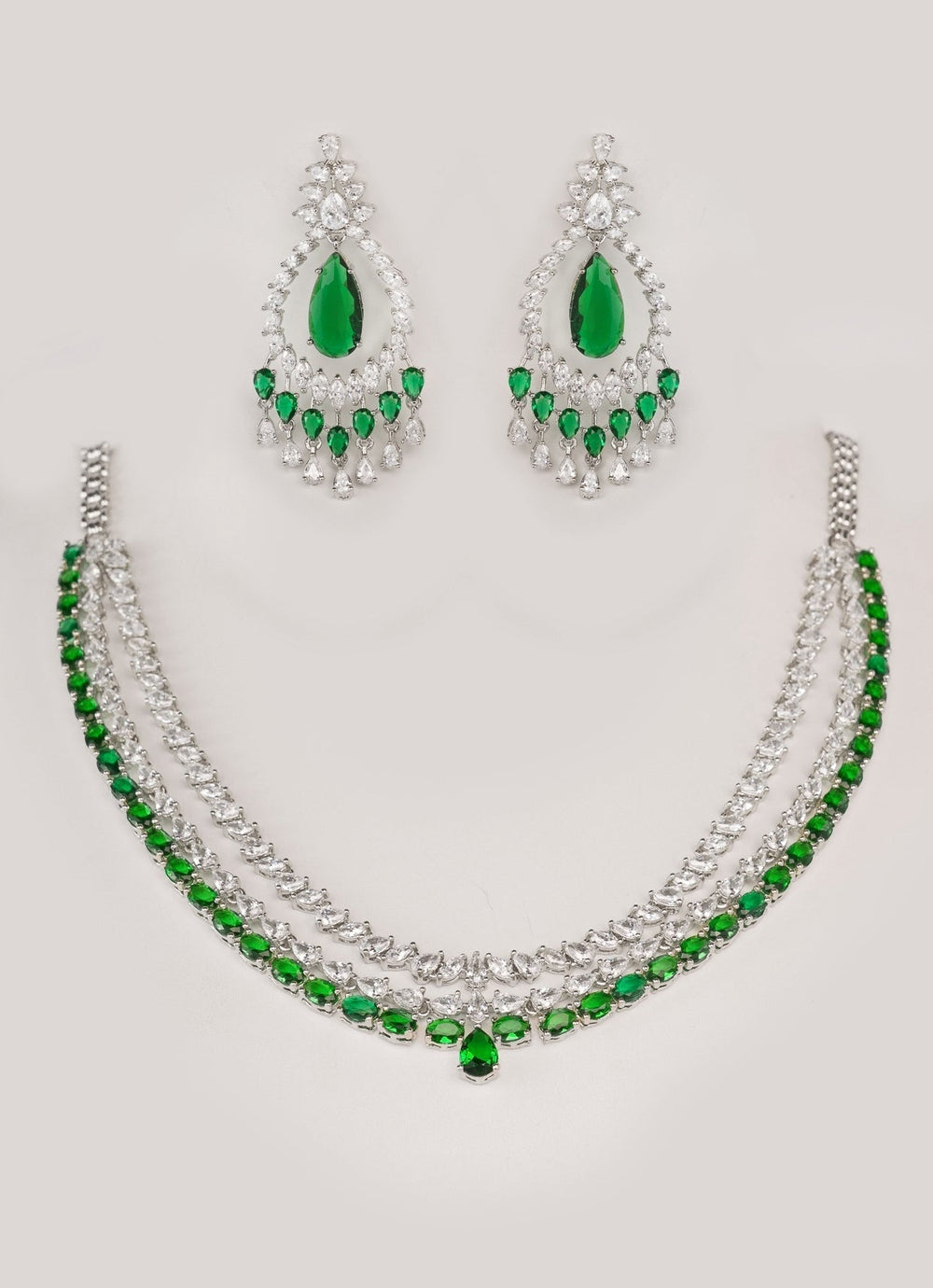 White Finish Diamond And Green Emerald Layered Necklace Set Zevar by Geeta - Fabilicious Fashion