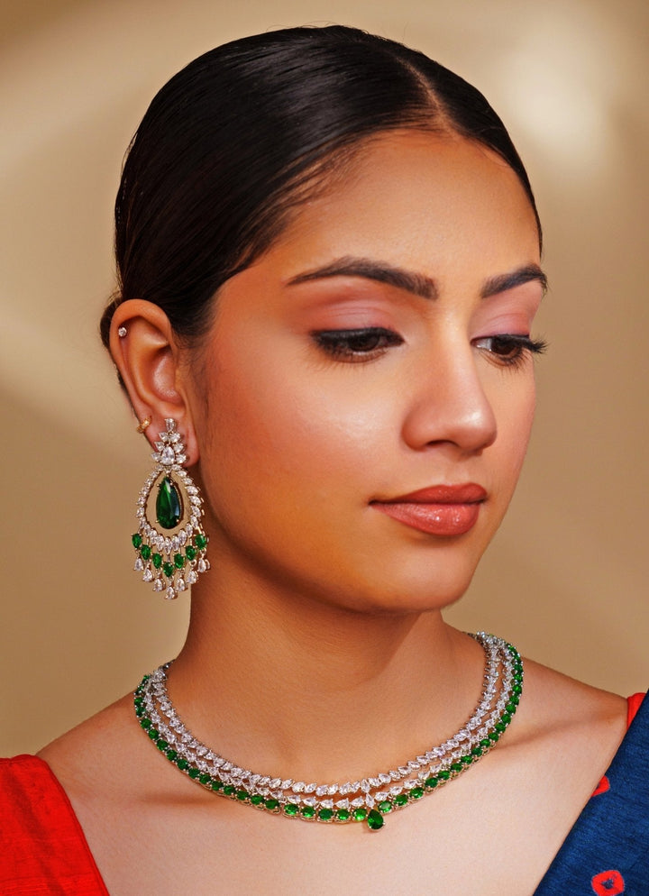 White Finish Diamond And Green Emerald Layered Necklace Set Zevar by Geeta - Fabilicious Fashion