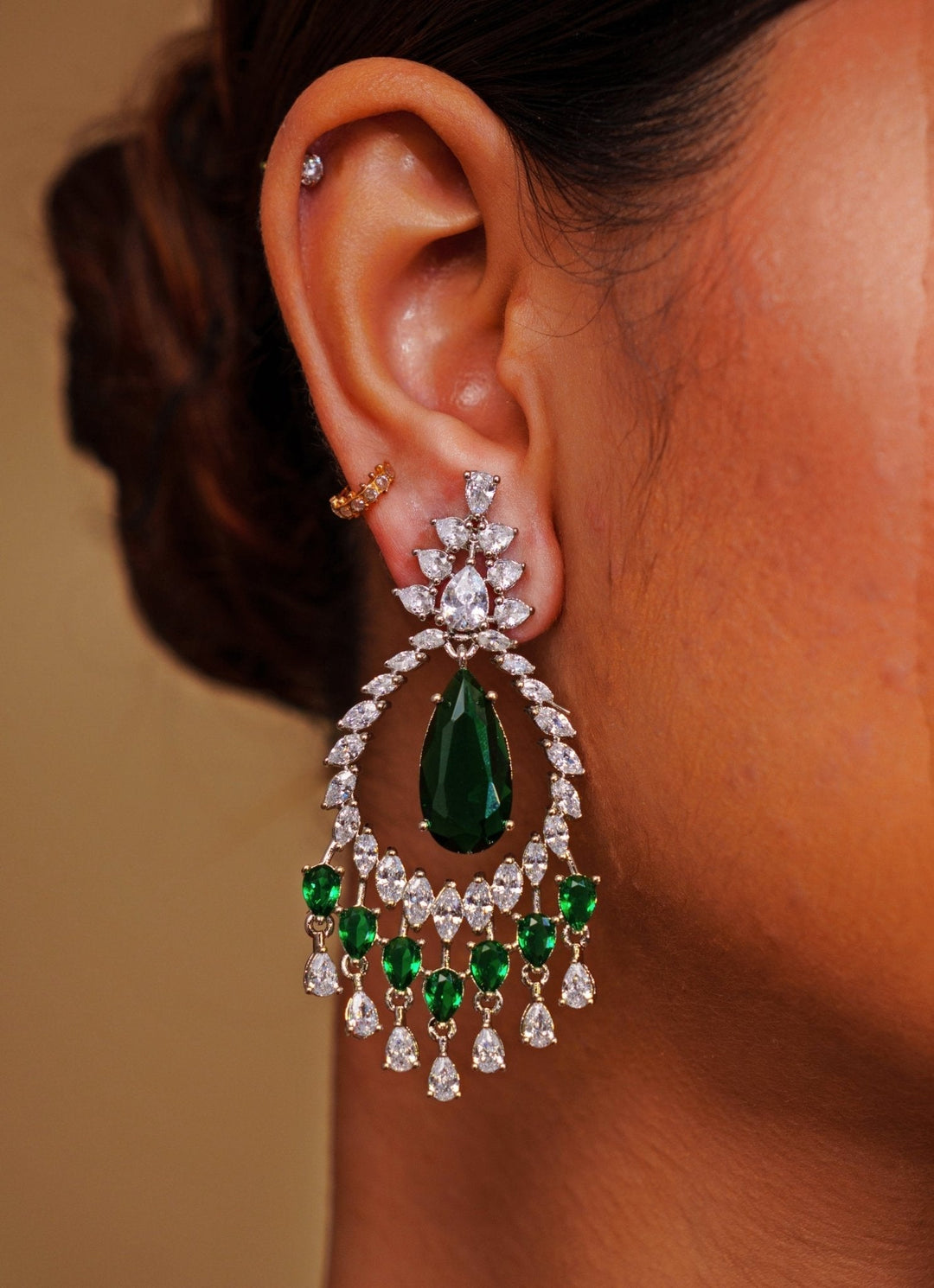 White Finish Diamond And Green Emerald Layered Necklace Set Zevar by Geeta - Fabilicious Fashion