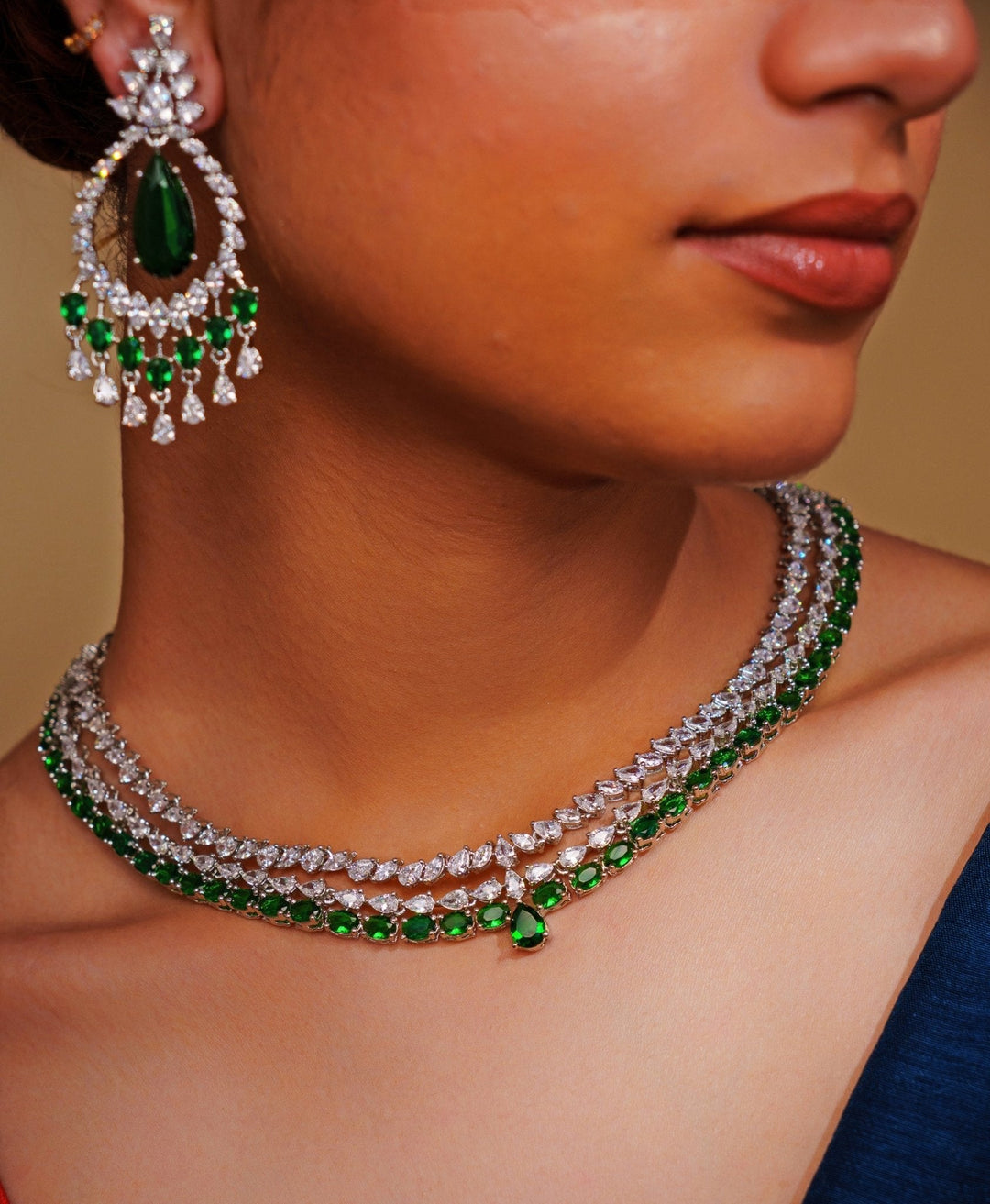 White Finish Diamond And Green Emerald Layered Necklace Set Zevar by Geeta - Fabilicious Fashion