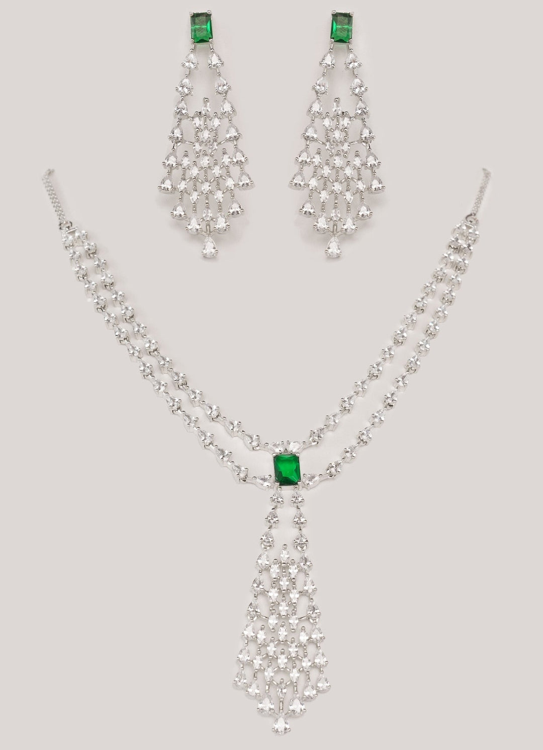 White Finish Diamond And Green Pendant Layered Necklace Set Zevar by Geeta - Fabilicious Fashion