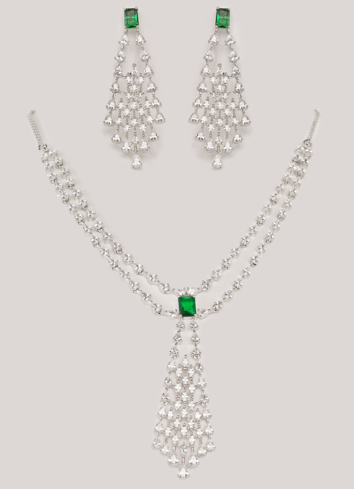 White Finish Diamond And Green Pendant Layered Necklace Set Zevar by Geeta - Fabilicious Fashion