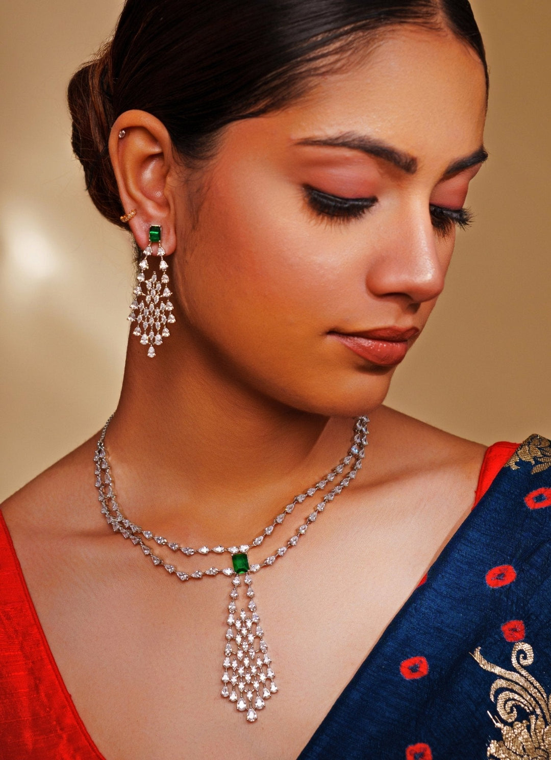 White Finish Diamond And Green Pendant Layered Necklace Set Zevar by Geeta - Fabilicious Fashion