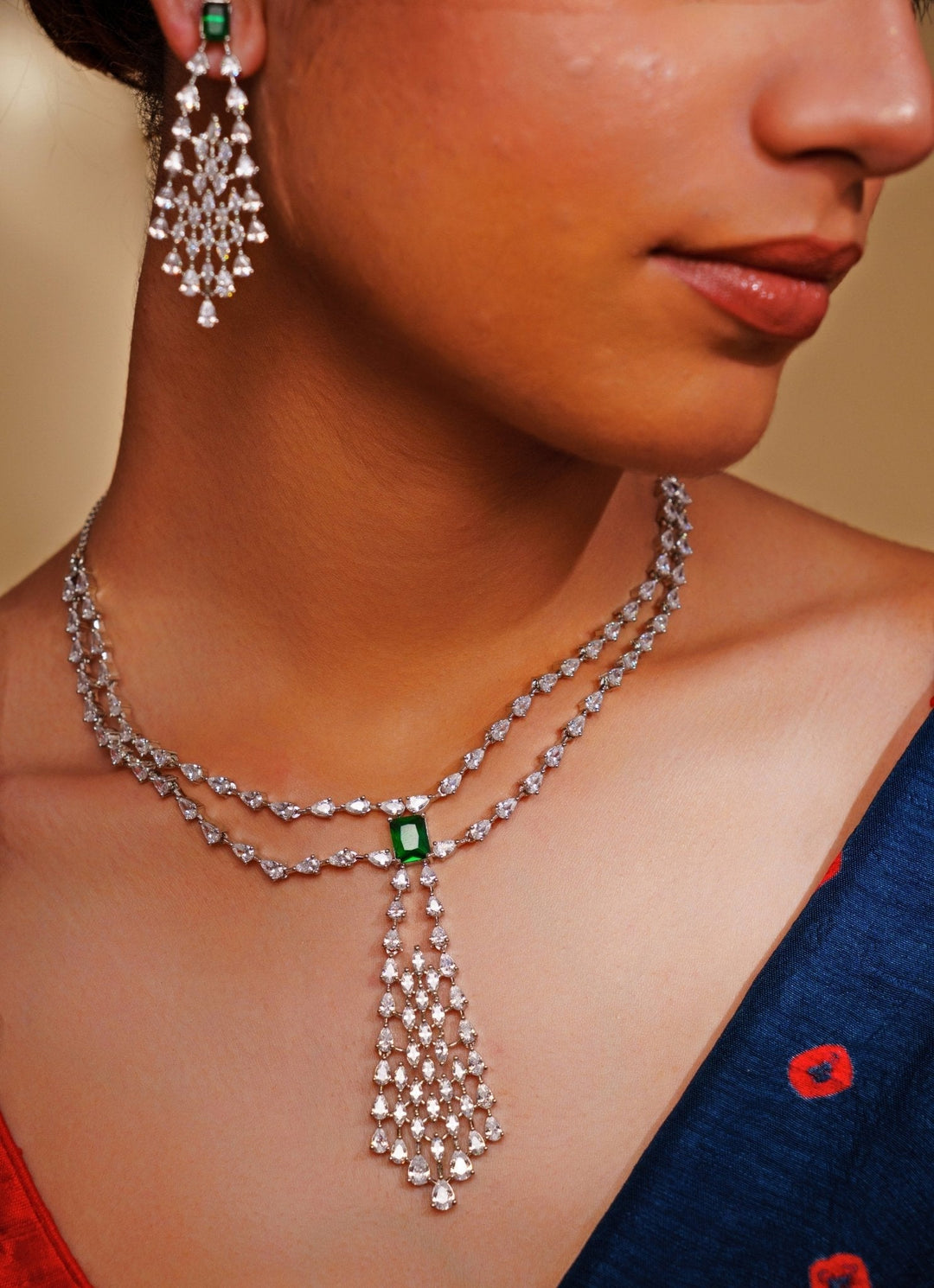 White Finish Diamond And Green Pendant Layered Necklace Set Zevar by Geeta - Fabilicious Fashion
