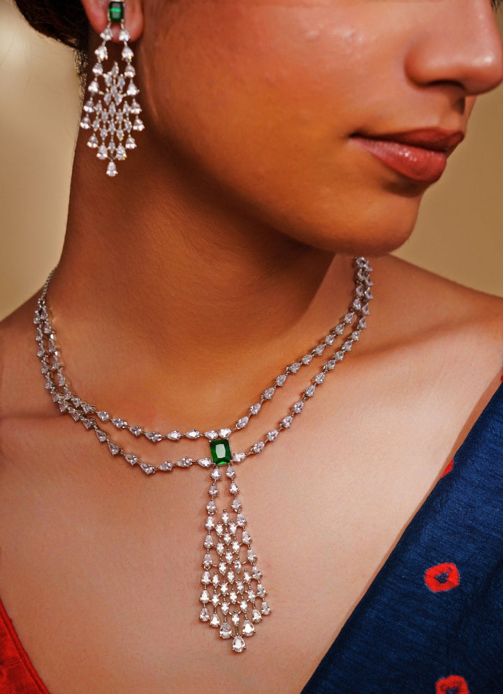 White Finish Diamond And Green Pendant Layered Necklace Set Zevar by Geeta - Fabilicious Fashion