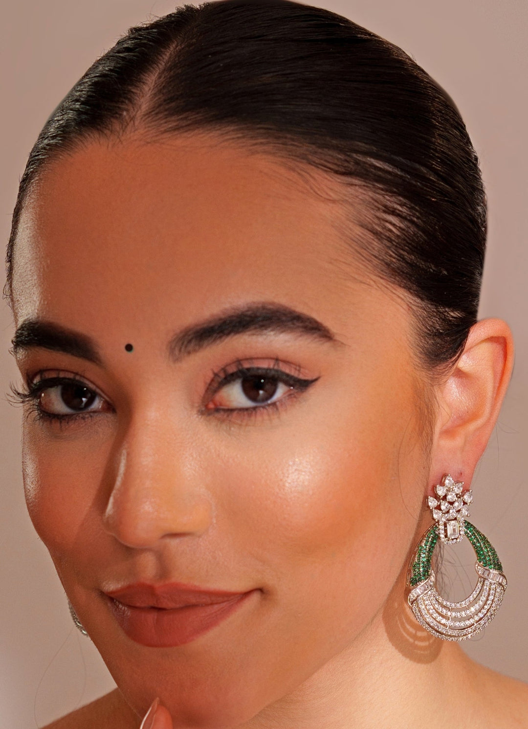 White Finish Diamond And Green Stone Hoop Earrings Zevar by Geeta - Fabilicious Fashion