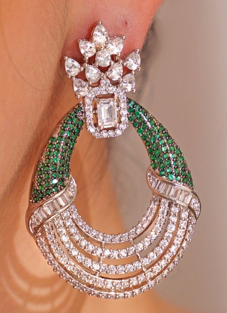 White Finish Diamond And Green Stone Hoop Earrings Zevar by Geeta - Fabilicious Fashion