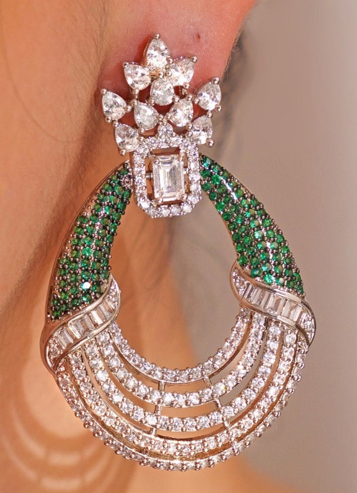 White Finish Diamond And Green Stone Hoop Earrings Zevar by Geeta - Fabilicious Fashion