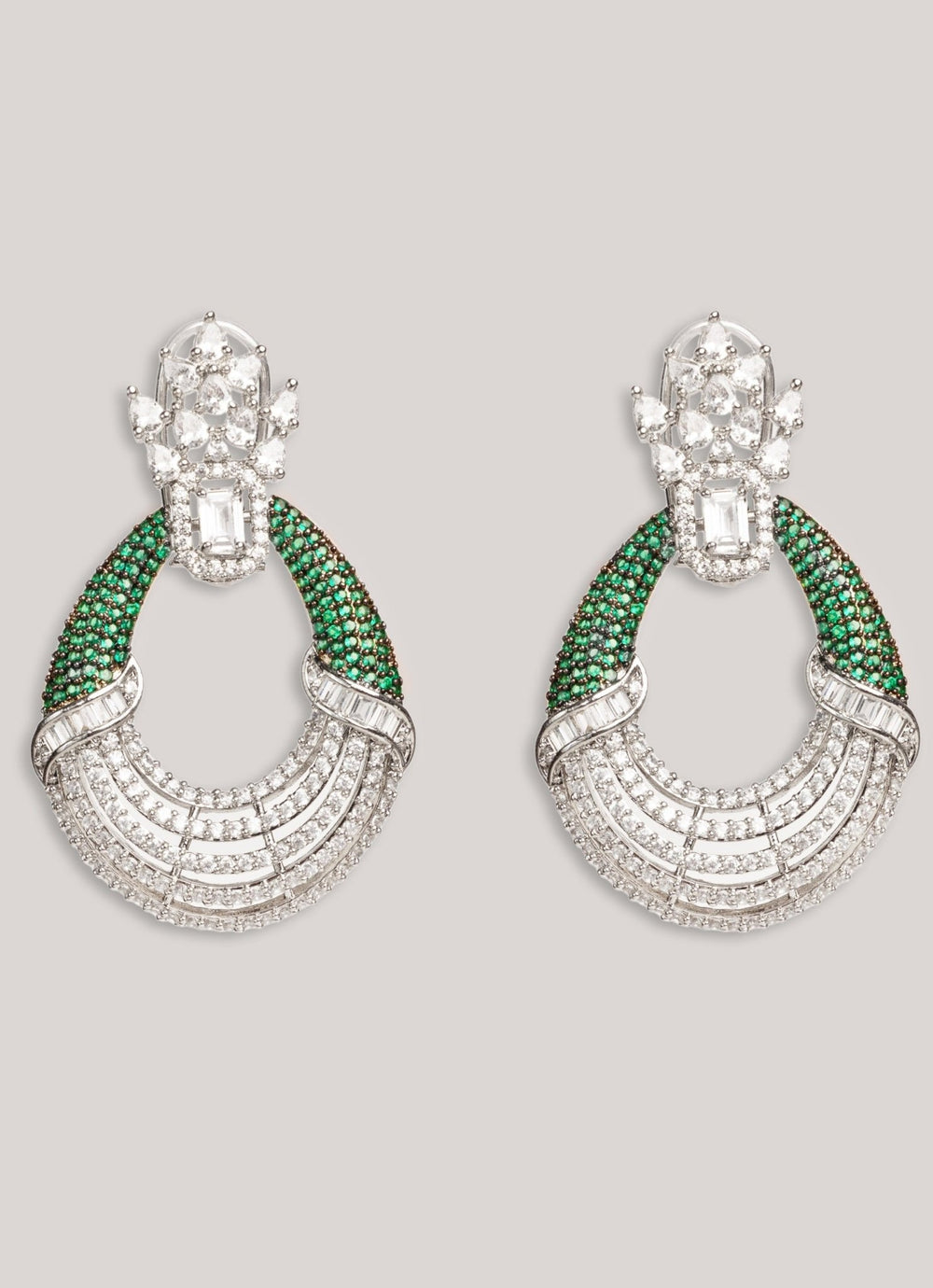 White Finish Diamond And Green Stone Hoop Earrings Zevar by Geeta - Fabilicious Fashion