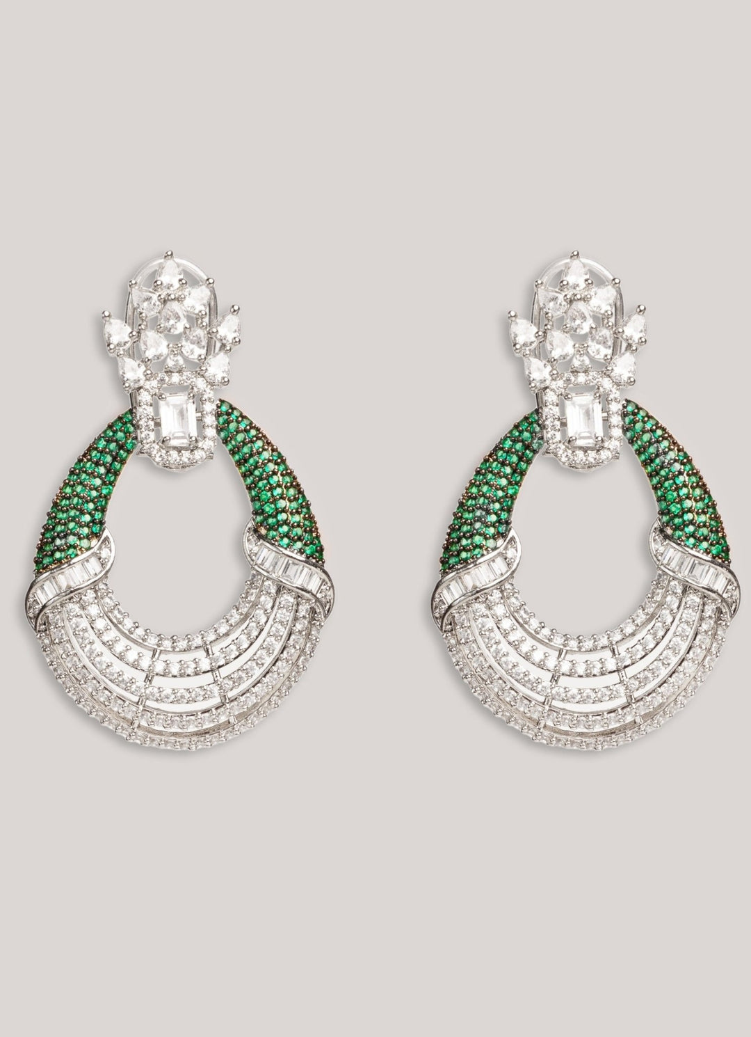 White Finish Diamond And Green Stone Hoop Earrings Zevar by Geeta - Fabilicious Fashion