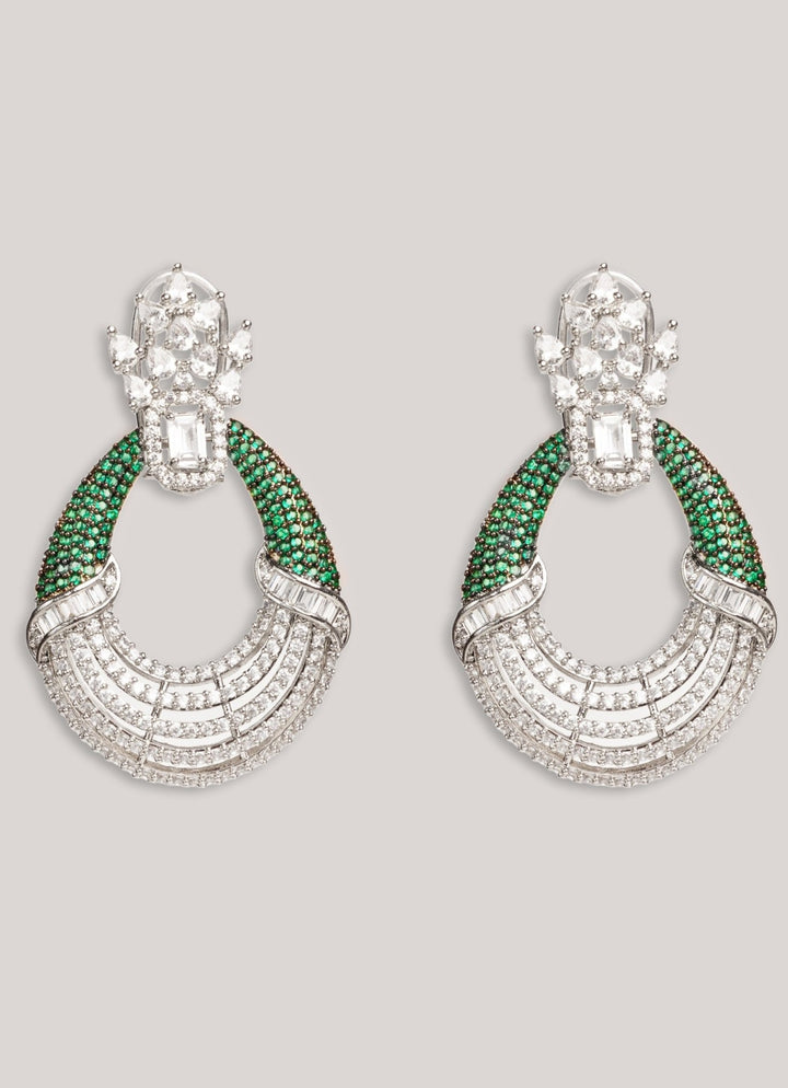 White Finish Diamond And Green Stone Hoop Earrings Zevar by Geeta - Fabilicious Fashion