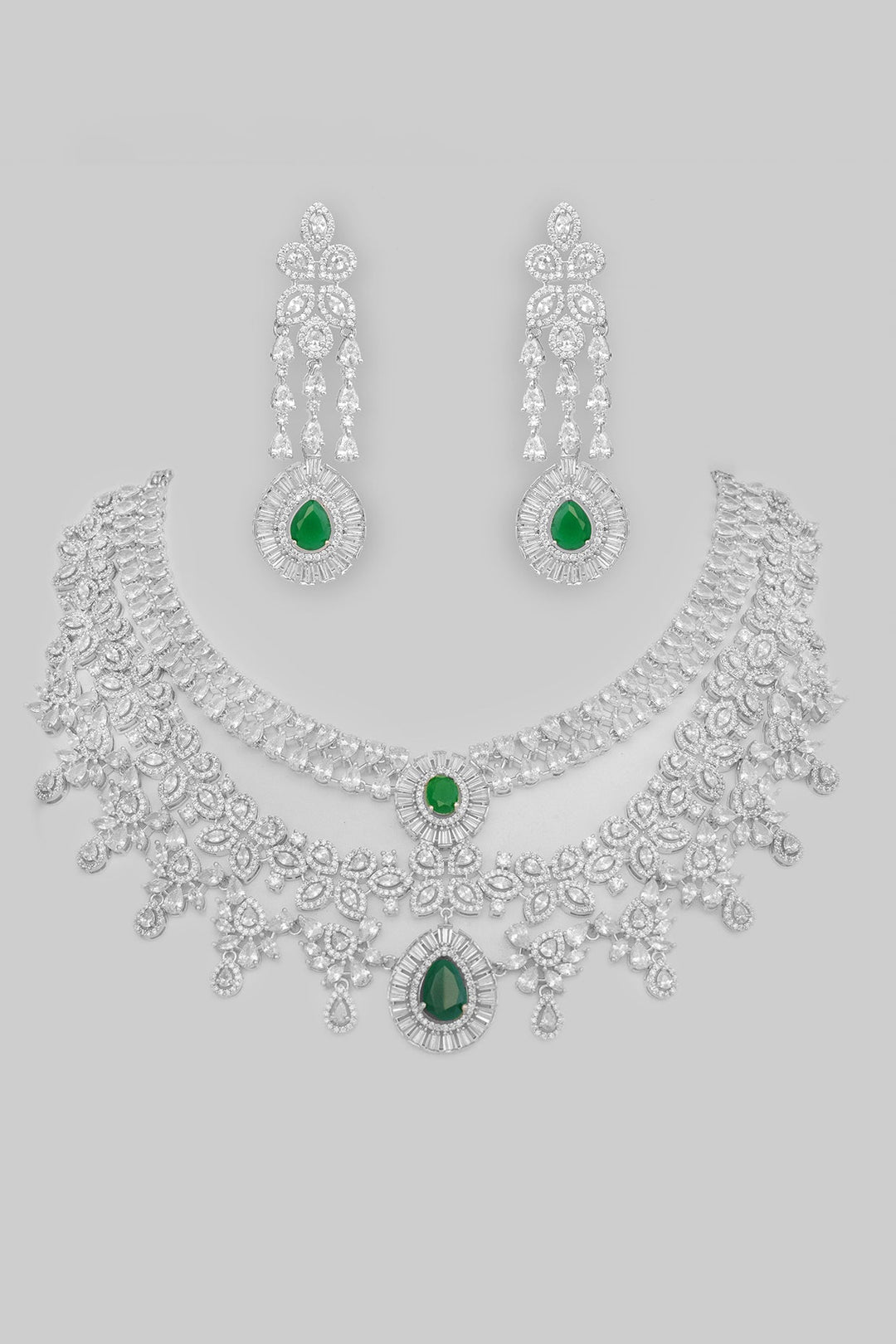 White Finish Diamond And Green Stone Long Necklace Set Zevar by Geeta - Fabilicious Fashion