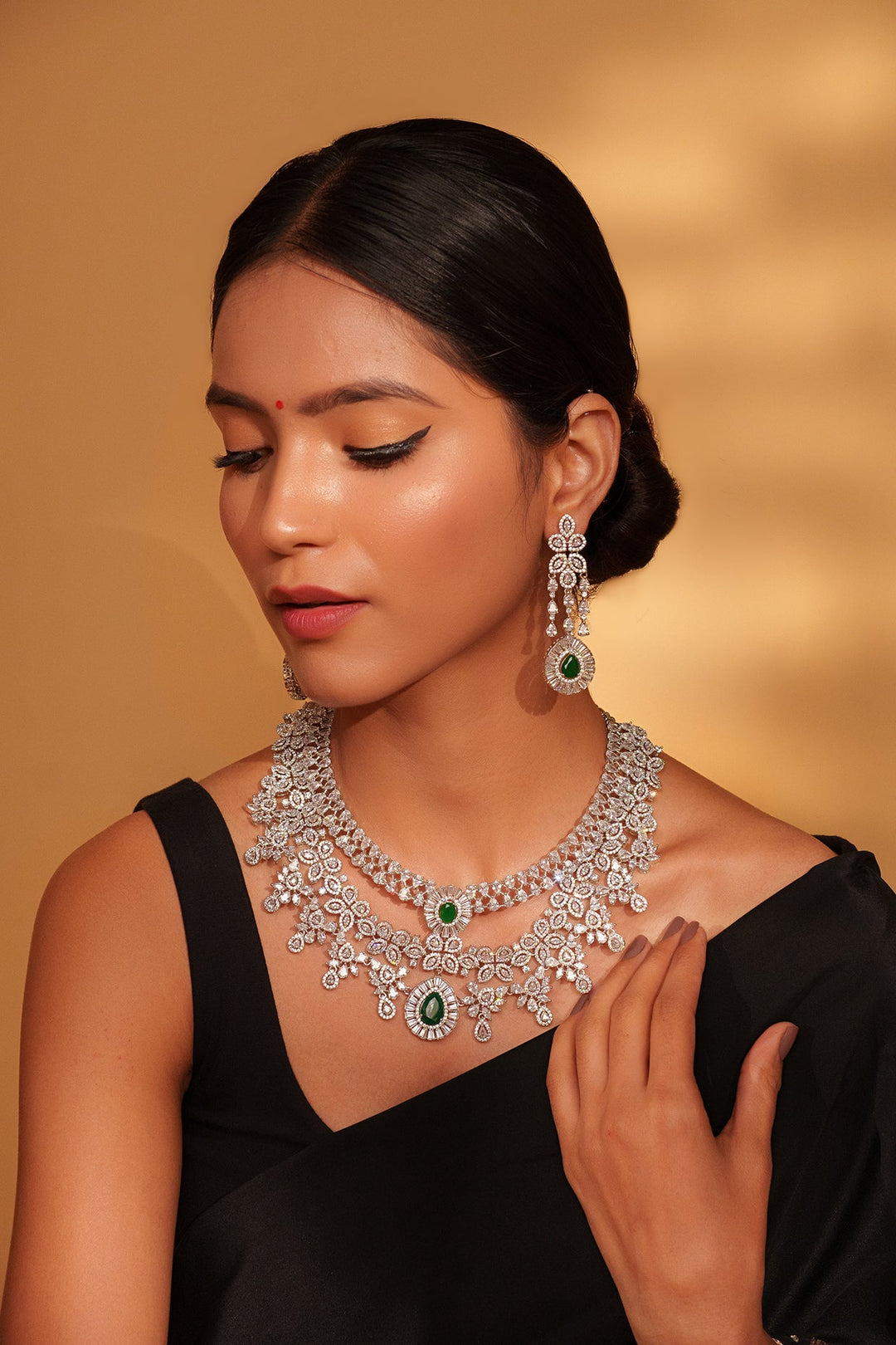 White Finish Diamond And Green Stone Long Necklace Set Zevar by Geeta - Fabilicious Fashion