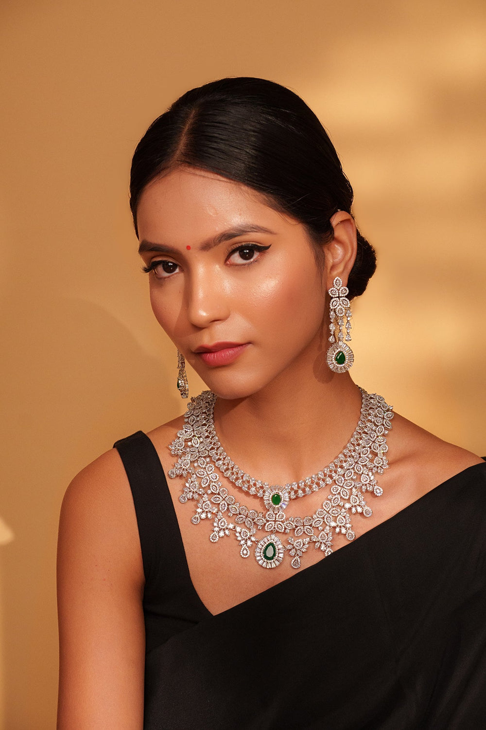 White Finish Diamond And Green Stone Long Necklace Set Zevar by Geeta - Fabilicious Fashion