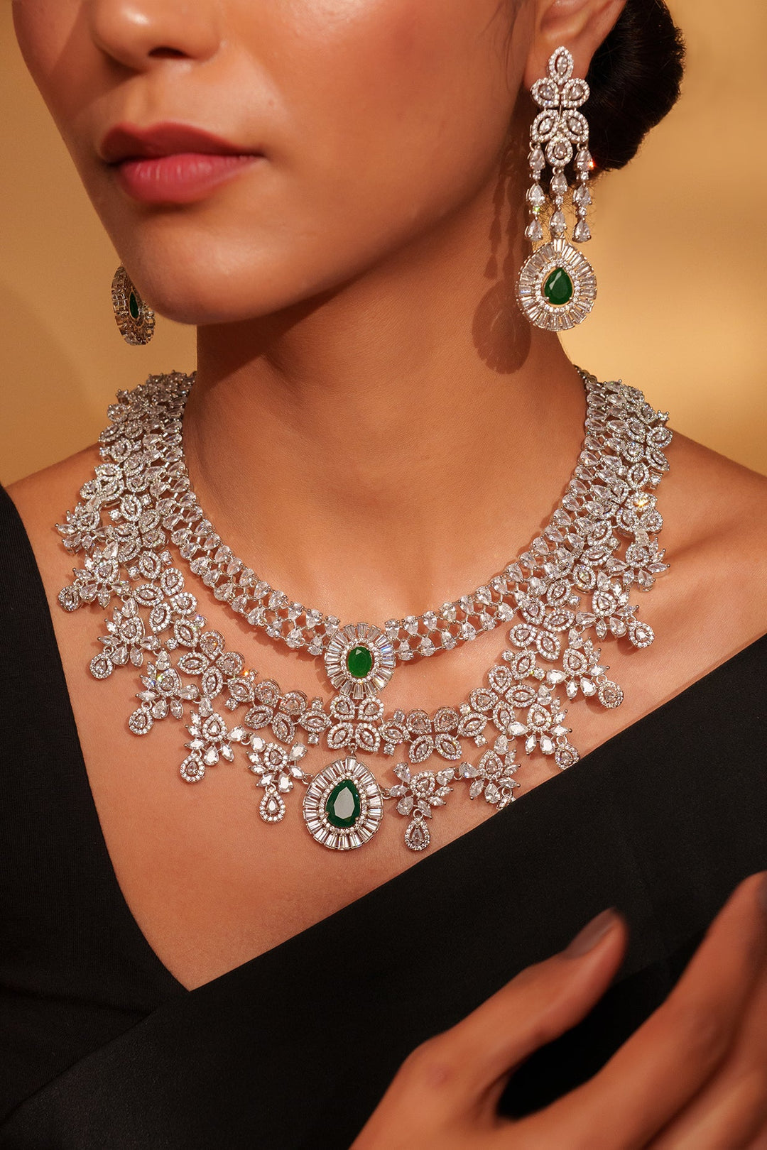 White Finish Diamond And Green Stone Long Necklace Set Zevar by Geeta - Fabilicious Fashion