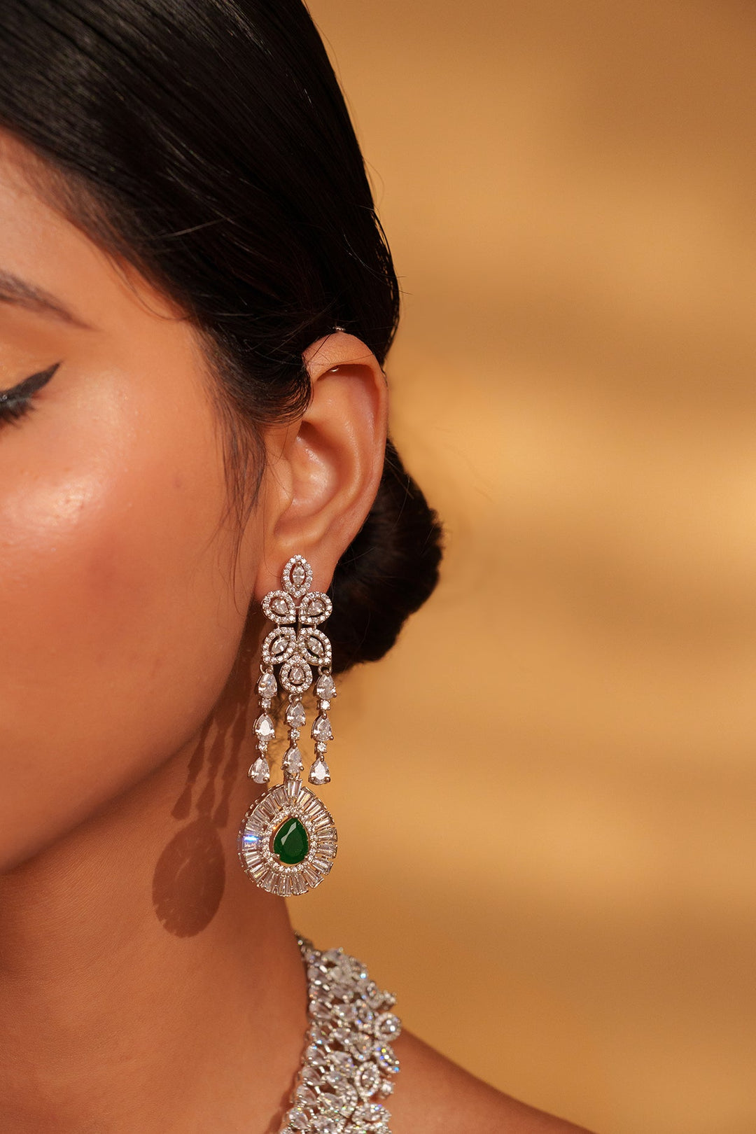 White Finish Diamond And Green Stone Long Necklace Set Zevar by Geeta - Fabilicious Fashion