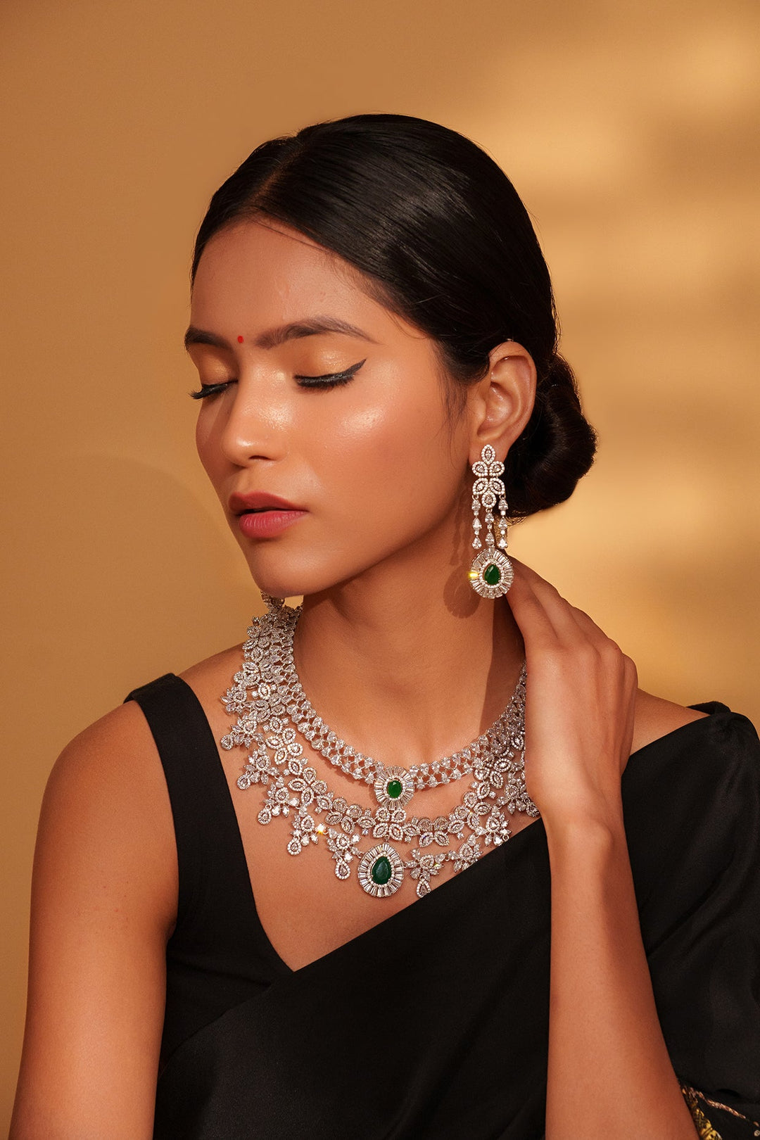 White Finish Diamond And Green Stone Long Necklace Set Zevar by Geeta - Fabilicious Fashion