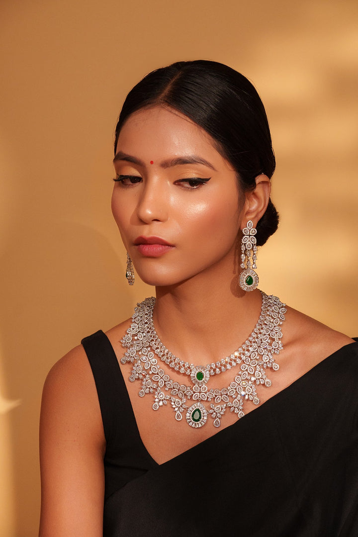 White Finish Diamond And Green Stone Long Necklace Set Zevar by Geeta - Fabilicious Fashion