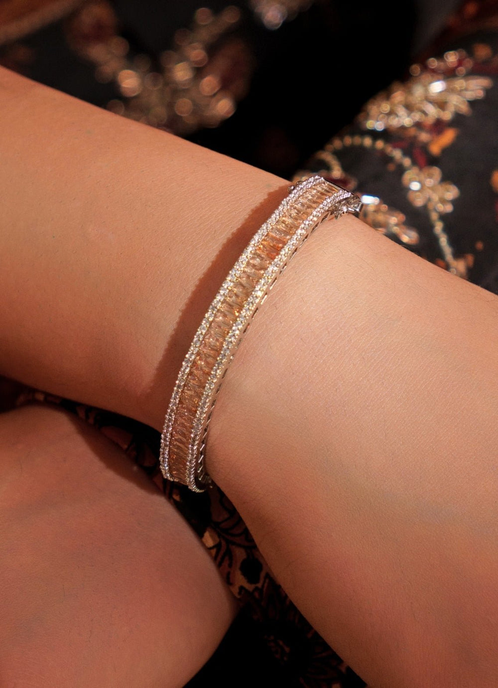 White Finish Diamond And Peach Stone Openable Kada Zevar by Geeta - Fabilicious Fashion